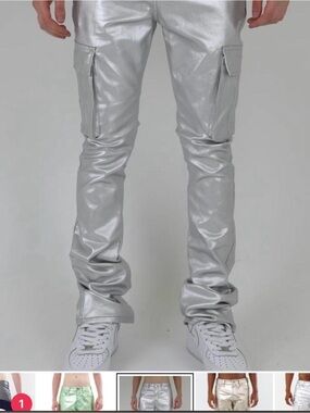 Armor Jeans Men's Metallic Silver Cargo Pants - Sleek Reflective Style 34”